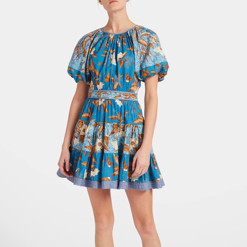 Ulla Johnson sz 6 Gail Tiered Floral-Print Cotton-Blend Dress Blue Bohemian